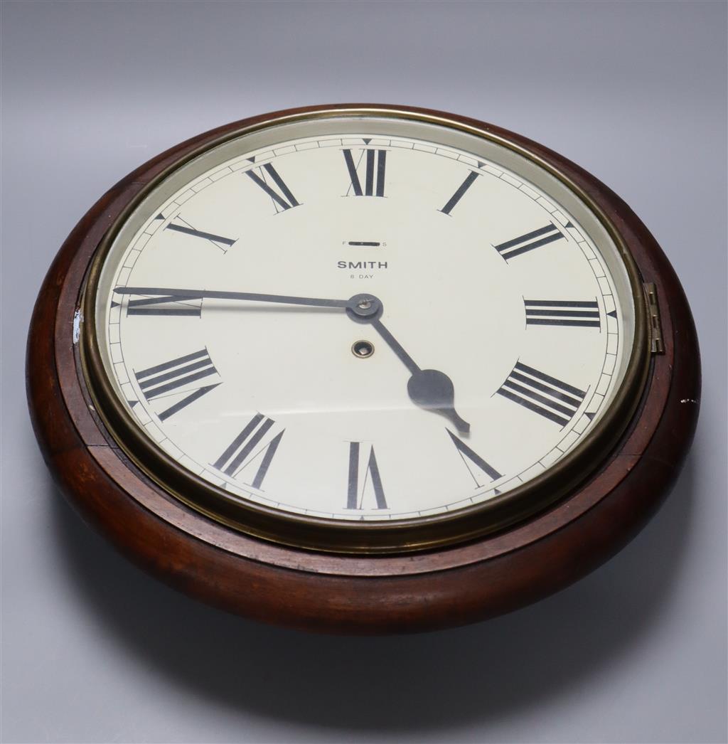 A Victorian-style Smiths dial wall clock, 28cm dial, mahogany surround